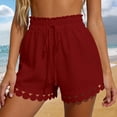 thumbnail image 2 of Hurxie Womens Shorts Summer Casual Loose Elastic Waist Drawstring Lace Boho Beach Cover Up Shorts Wine,S, 2 of 7