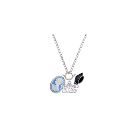 Delight Jewelry Silver-tone Small Blue Oval Cameo - Class of 2026 Graduation Zoey Charm Necklace, 28"