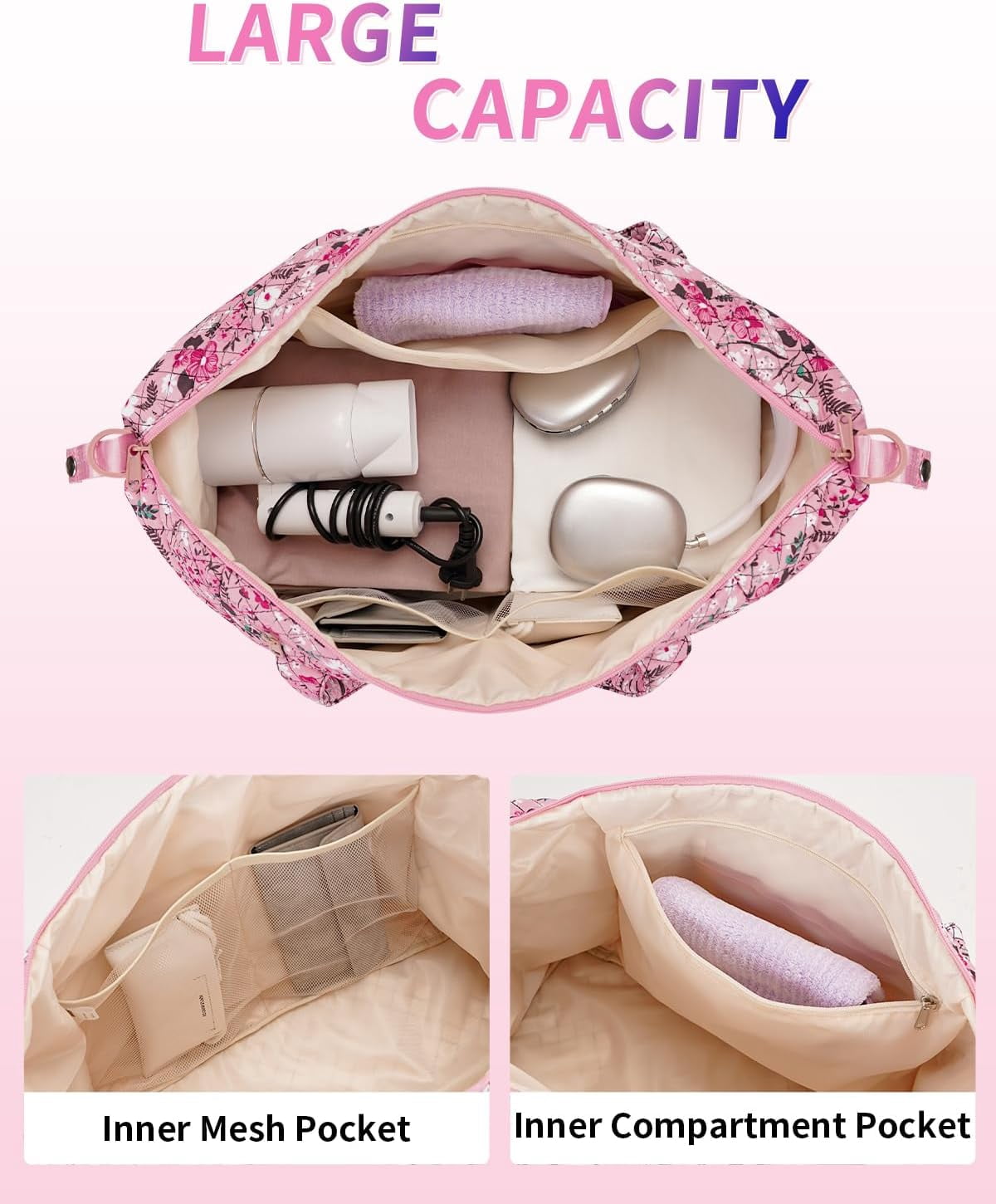 WANDF Travel Duffel Bags with Shoe Bag,Airline Approved Personal Item Bag for Women with Wet Pocket,Trolley Sleeve,Quilted Overnight Weekender Bag for Camping Gym Beach(Pink,Flower)