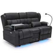 Power Loveseat Recliner Sofa with Console, Massage & Heat, LED Theater Seating with Bluetooth Speaker, USB Charging, Cup Holders, Storage, Tray Table & Cup Holder, Faux Leather, Black