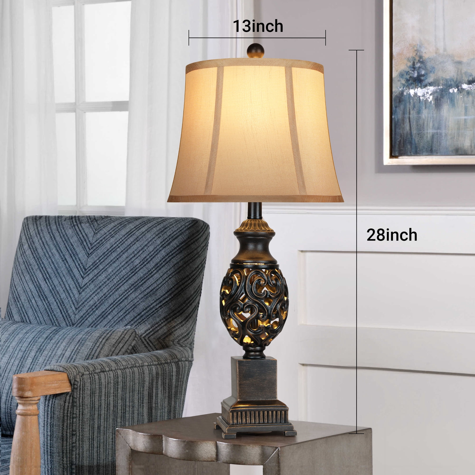 28" Bronze Nightstand Lamps with Faux Silk Shades，Vintage Living Room Bedroom End Table Lamps