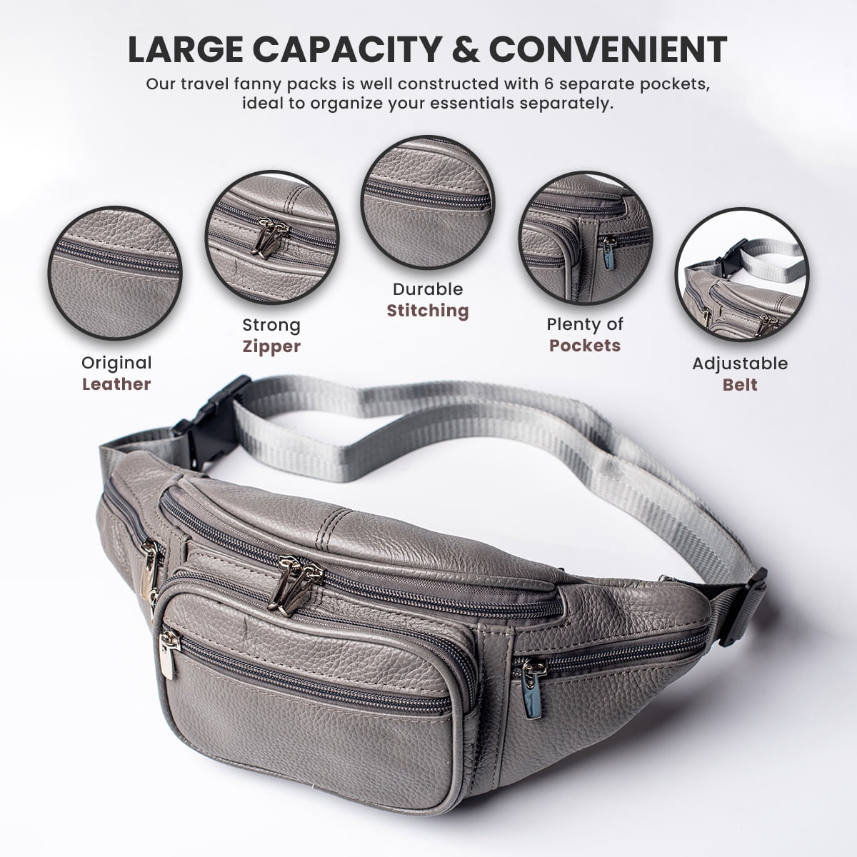 Fanny Pack Leather Waist Bag Hip Belt Zipper Pouch Pocket Travel Sport for Men