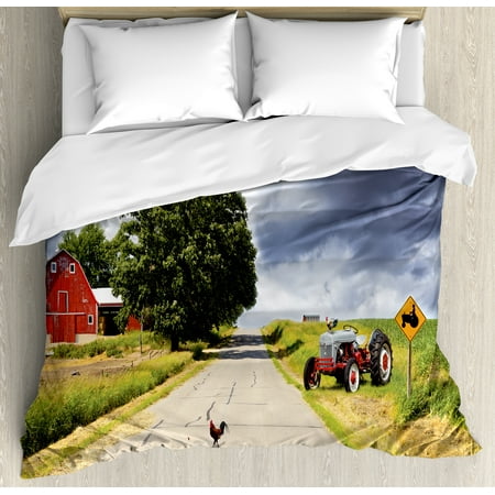 Country Duvet Covers Set Rural Decor Queen Size Duvet Cover Set, Farmhouse on Country Road with Barn and Tractor on Side in Stormy Day Picture, Decorative 3 Piece Bedding Set with 2 Pillow Shams, Multicolor, by Ambesonne ()