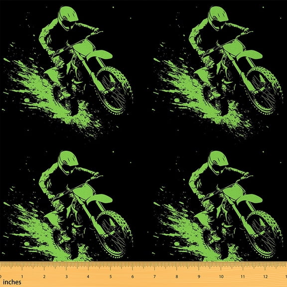 Homewish Black Green Motercycle Fabric by the Yard 2 Yards for Kids, Cartoon Dirt Bike Sewing Fabric, Extreme Sport Fabric for Sewing, Microfiber Bedroom Decor