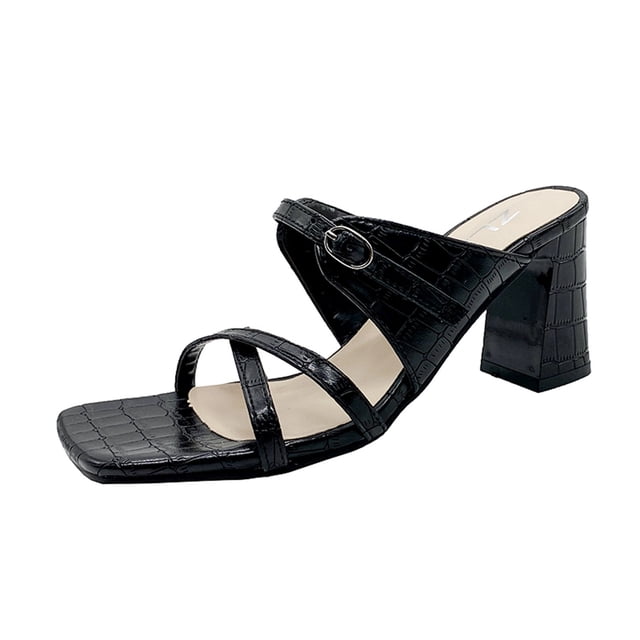 HKEJIAOI Womens Sandals Square Head And One Broadband Mid-heel Beach Slippers For Outer Wear