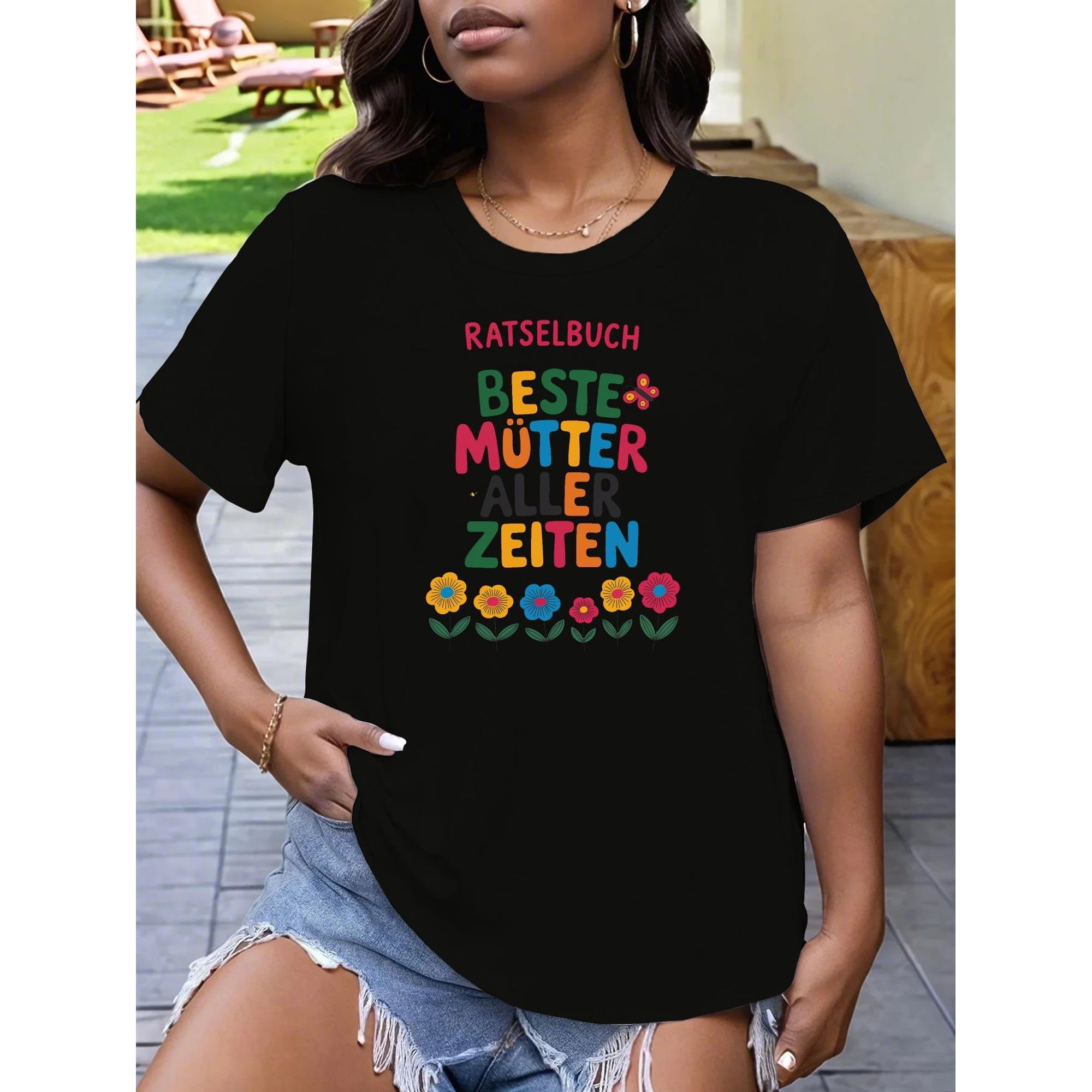 Women's Colorful German Best Mom Floral Graphic T-Shirt
