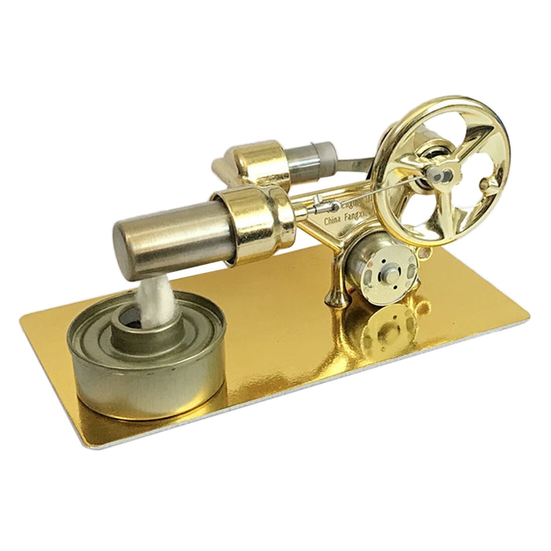 Single Cylinder Stirling Engine Model with Alcohol Lamp & LED Bulb - Golden Physics Science Experiment Kit for Adults