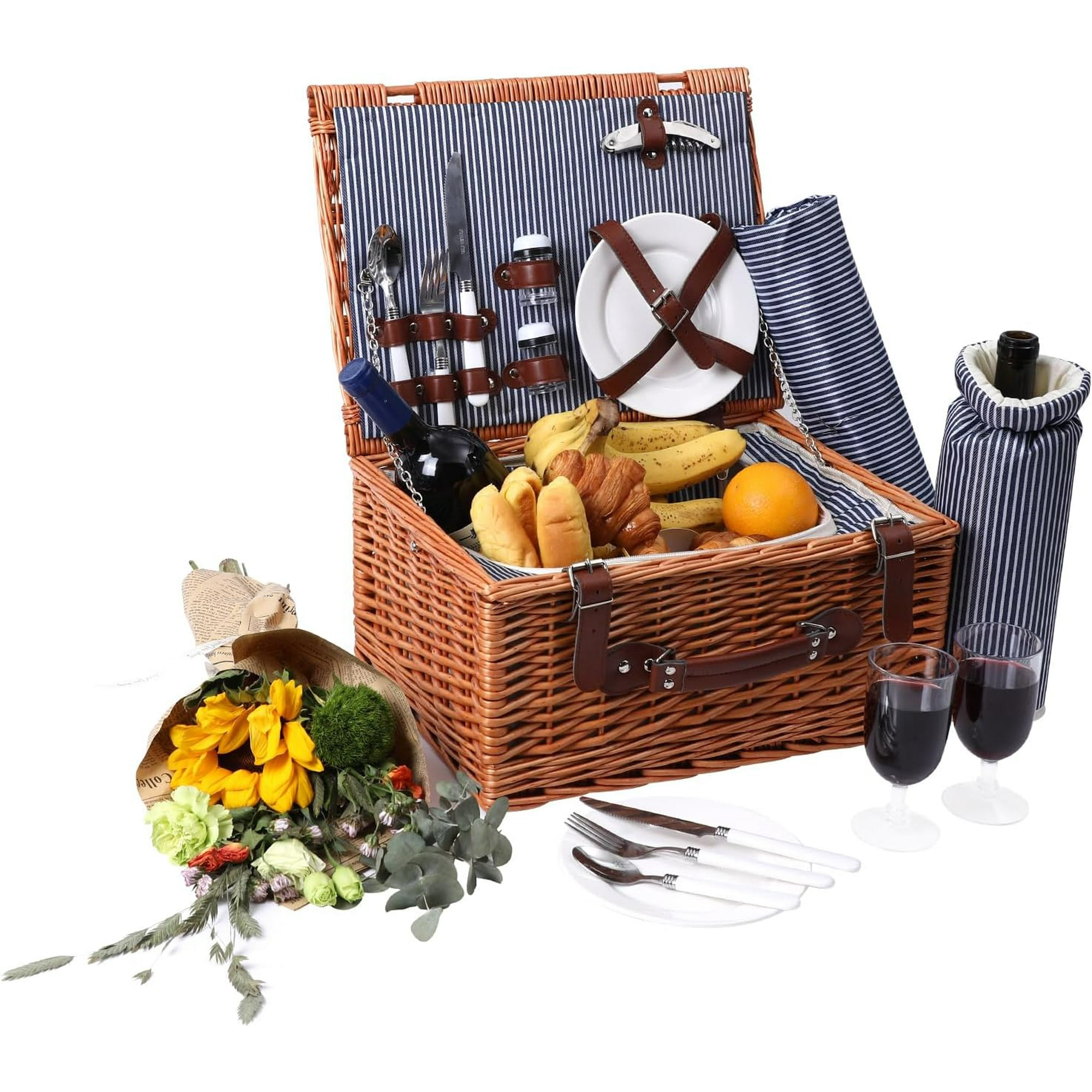 iLivin Large Willow Picnic Basket Set for 2, Including Wine Pouch, Glasses, Tableware, Insulated Cooler Bag & Waterproof Picnic Blanket, Gift for Birthday, Anniversary, Thanksgiving and Christmas