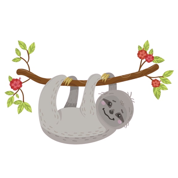 Multicolored Happy Sloth Hanging On A Tree Branch Removable Vinyl Decoration Home Bedroom Nursery Room Wall Decal - 19" x 30" Kids Bedroom Living Room Forest Animal Tree Climber Wall Sticker Decor