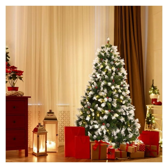 Pre-lit Snow Flocked Christmas Tree with Red Berries & LED Lights - 6ft Artificial PVC Tree with 818 Tips, Hinged Branches, & Metal Stand - Holiday Home Decor