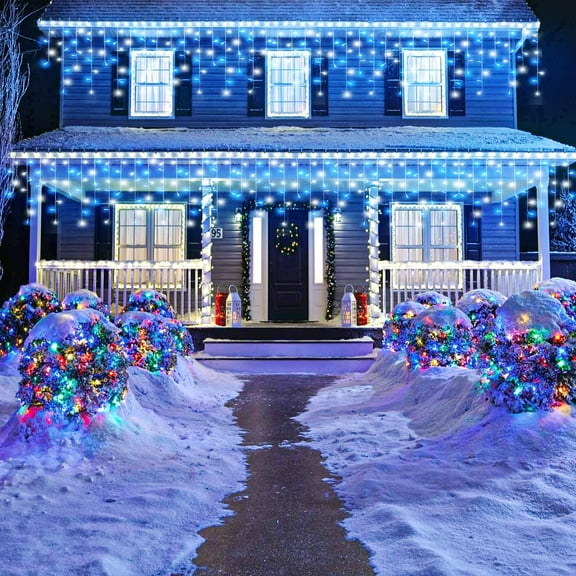 FGERFE-33ft Blue and White Christmas Lights, 400 LED Icicle Lights for Outside, Clear Wire Connectable Twinkle Lights with 8 Modes Timer Waterproof for House Window Party Tree Holiday Patio Yard Home