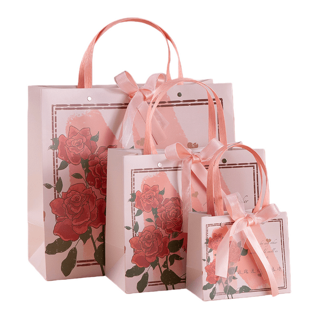Bolsa de regalo de cartulina con estampado floral rosa, 3 bolsas de transporte