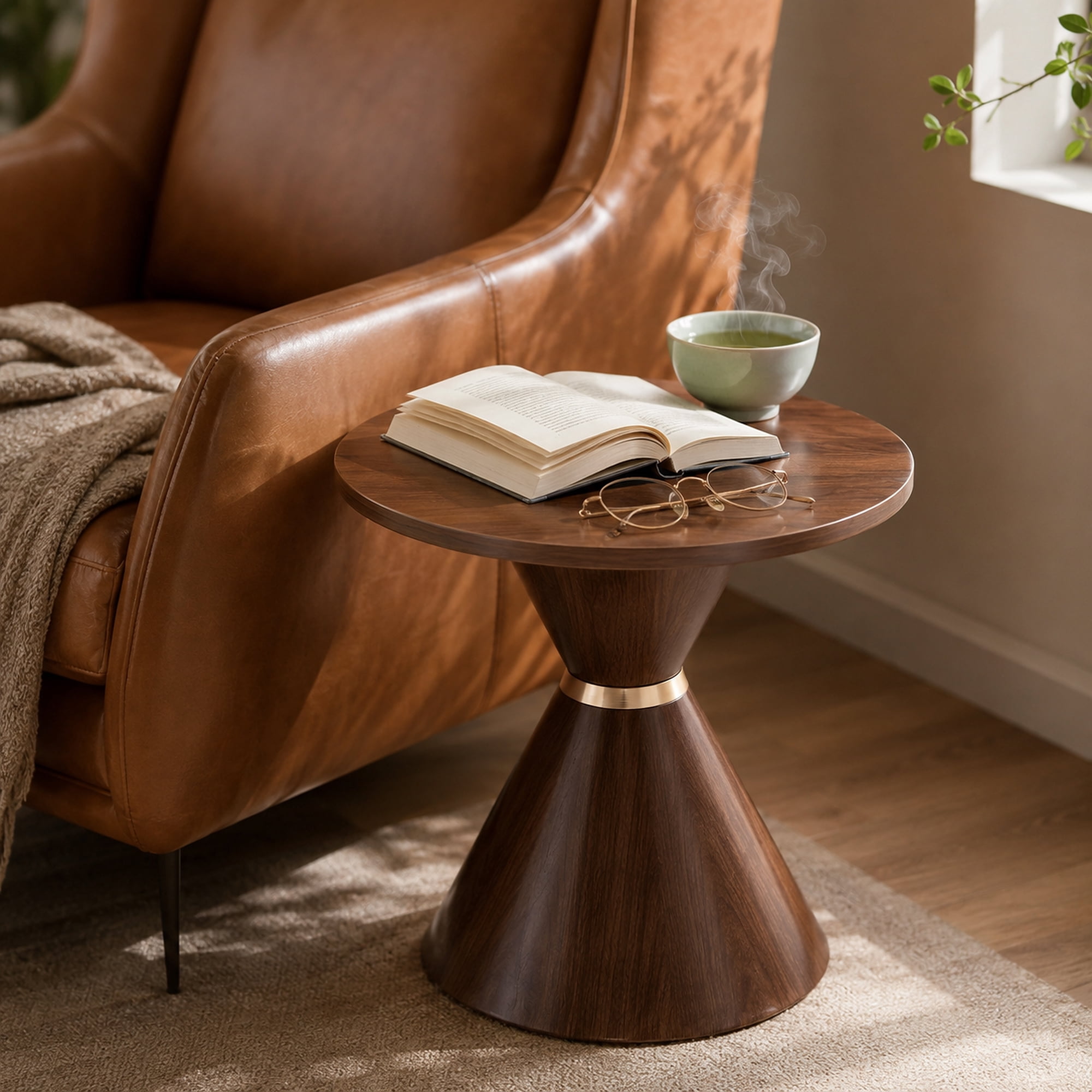 2-Piece Round Nesting Coffee Table Set with Hourglass Design and Metal Base, Mid-Century Accent Tables and Side End Tables for Living Room, Walnut