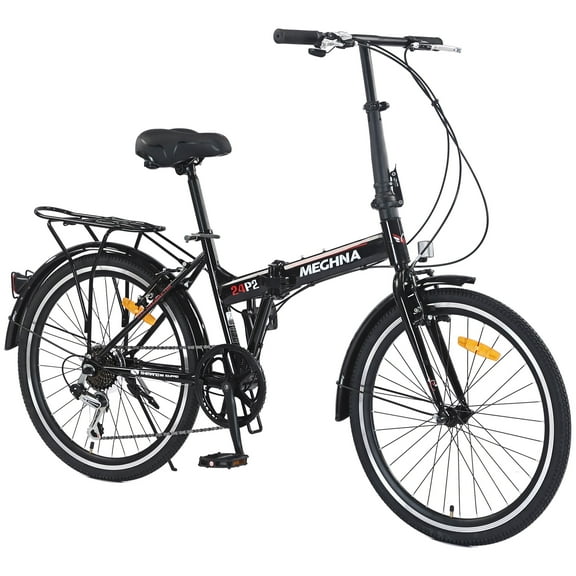 24-Inch Lightweight Folding Bike with Steel Frame, 7-Speed City Bicycle - Black
