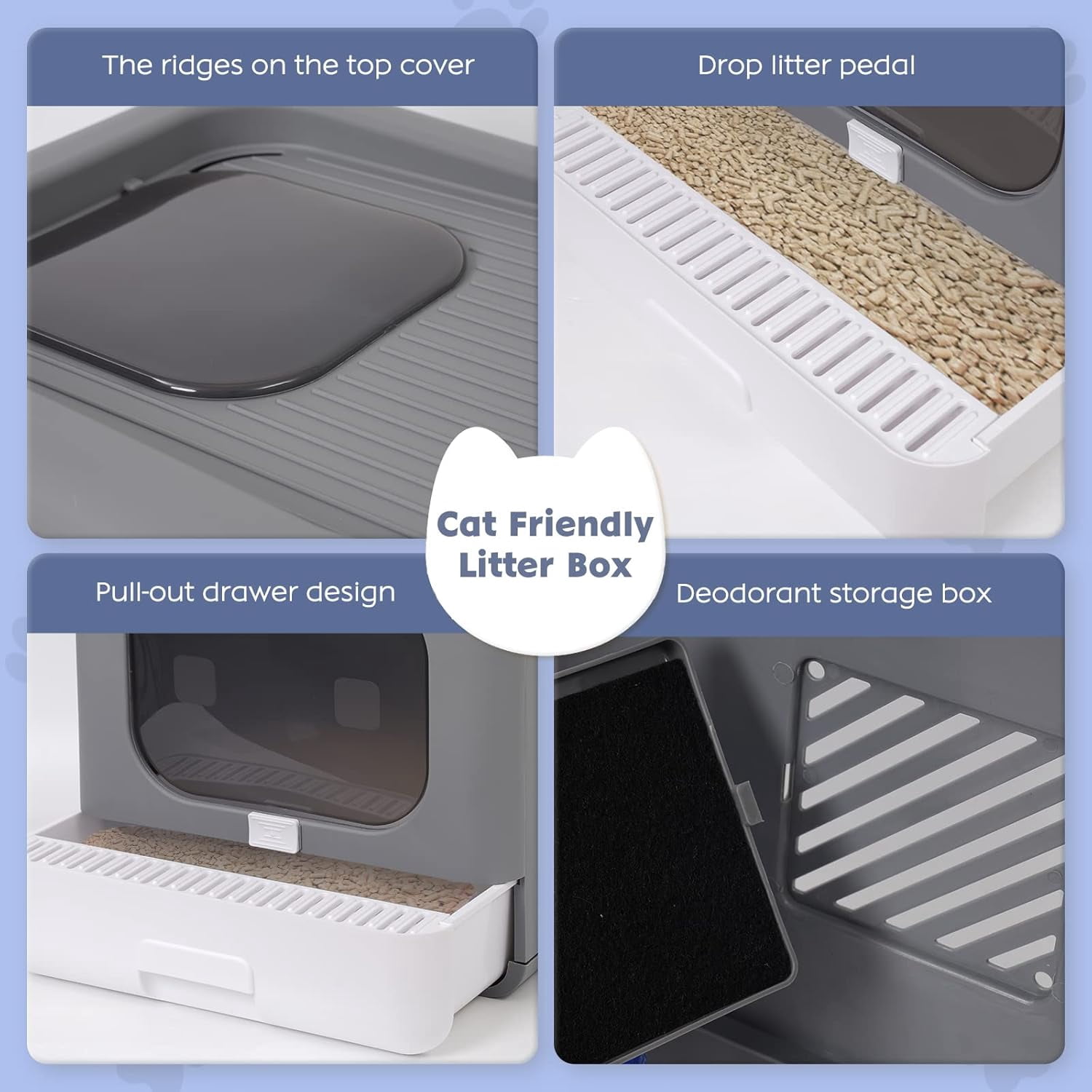 Foldable Enclosed Cat Litter Box with Front Door & Top Entry, Pull-Out Drawer Type, Cat Toilet with Lid, Easy Cleaning and Anti-Splashing Litter Tray with Plastic Scoop (Grey)