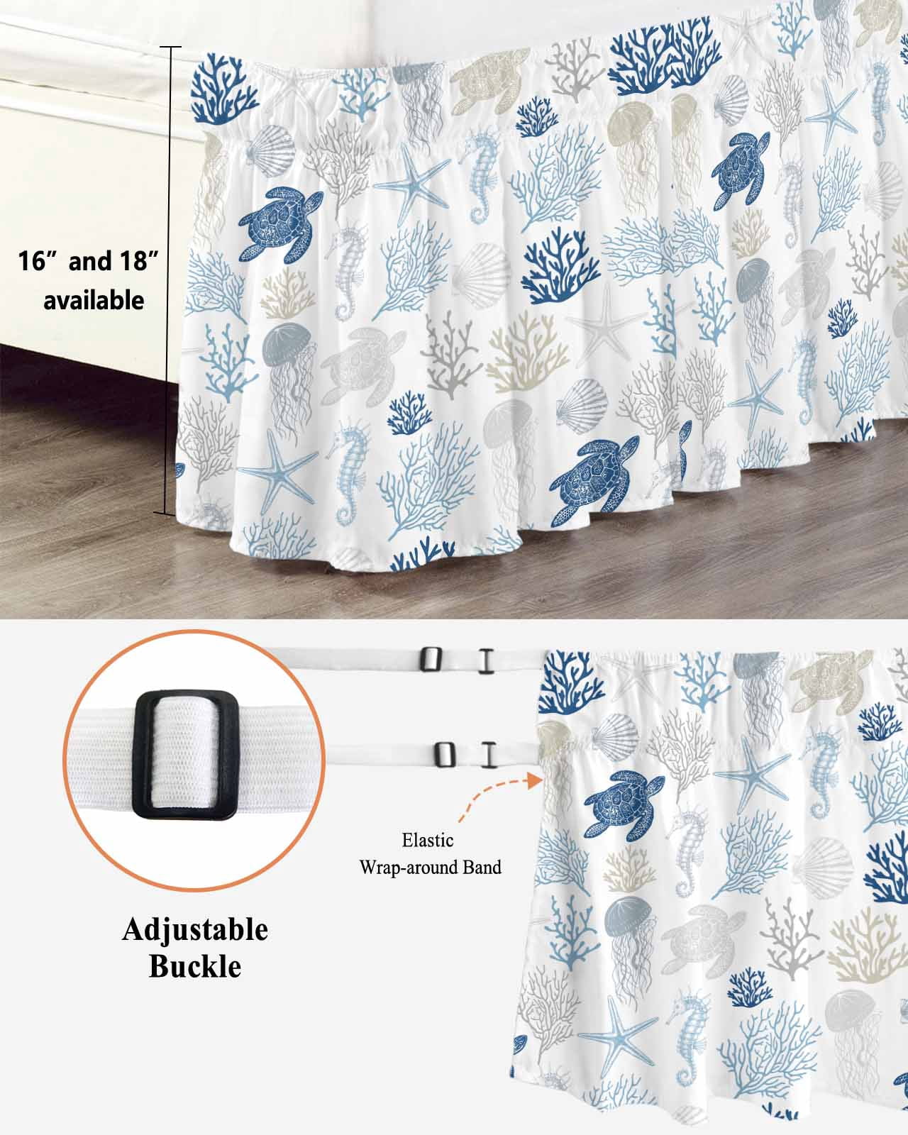 Navy Blue Coastal Bed Skirt Cal King Size, Nautical Summer Beach Coral Sea Turtle Wrap Around Bed Skirting with Adjustable Elastic Strap, Dust Ruffled Pleated Bedskirts 18 Inch Drop for Bedroom Beds