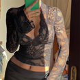 thumbnail image 2 of Top corto Miqil para mujer, encaje Y2K, manga larga, malla transparente, negro, 2 of 7