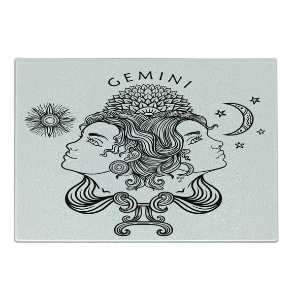 Zodiac Gemini Cutting Board, Romantic Horoscopes Day and Night with Happy and Sad Faces, Decorative Tempered Glass Cutting and Serving Board, Small Size, Black and White, by Ambesonne