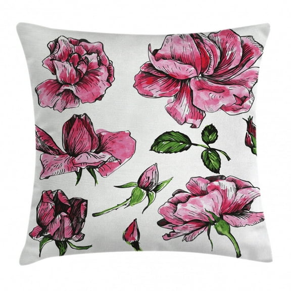 Floral Throw Pillow Cushion Cover, Garden Flowers Roses Buds Leaves Hand Drawn Sketchy Image Art, Decorative Square Accent Pillow Case, 16 X 16 Inches, Hot Pink Light Pink and Green, by Ambesonne