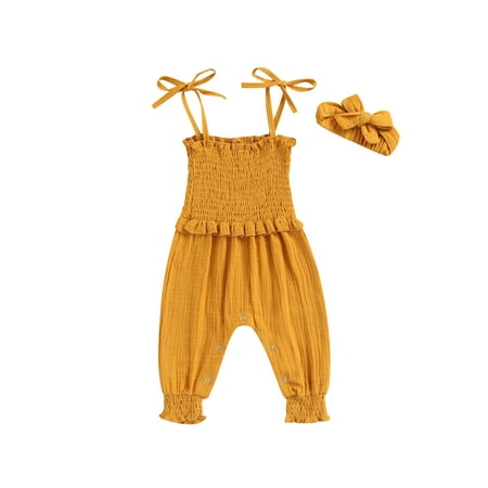 

Suanret Newborn Girl Outfits Infants Solid Color Ruffle Trim Elastic Waist Ruched Sleeveless Sling Jumpsuit with Bowknot Headband Ginger 0-3 Months
