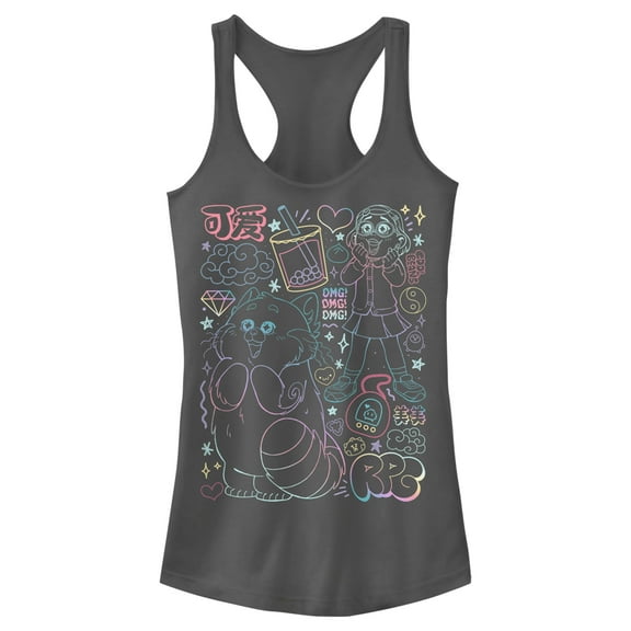 Junior's Turning Red Neon Doodles Mei Lee Racerback Tank Top Charcoal Small