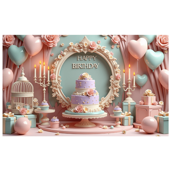 Pastel Colors Happy Birthday Banner Floral Theme Decorative Design Heart Shaped Balloons for Birthday Celebration Kids Party Romantic Decor