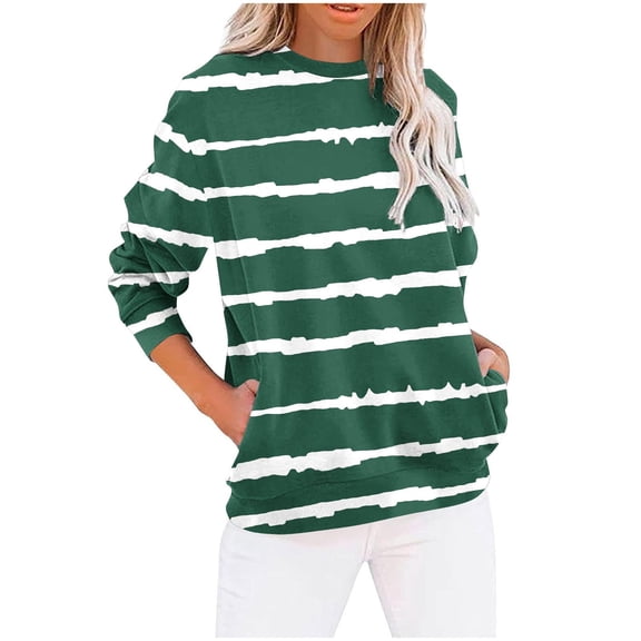 yillto Women Striped Top with Pockets Long Sleeve Crewneck Baggy Pullover Casual Shirts Fall Loose Sweatshirt