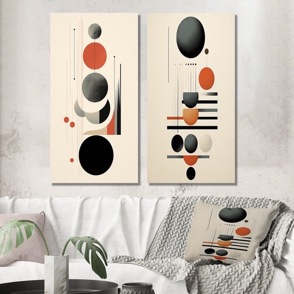 Designart "Waning Moon Retro Circles III" Modern Geometric Wall Art Set Of 2 - Modern Red Wall Decor Set Of 2