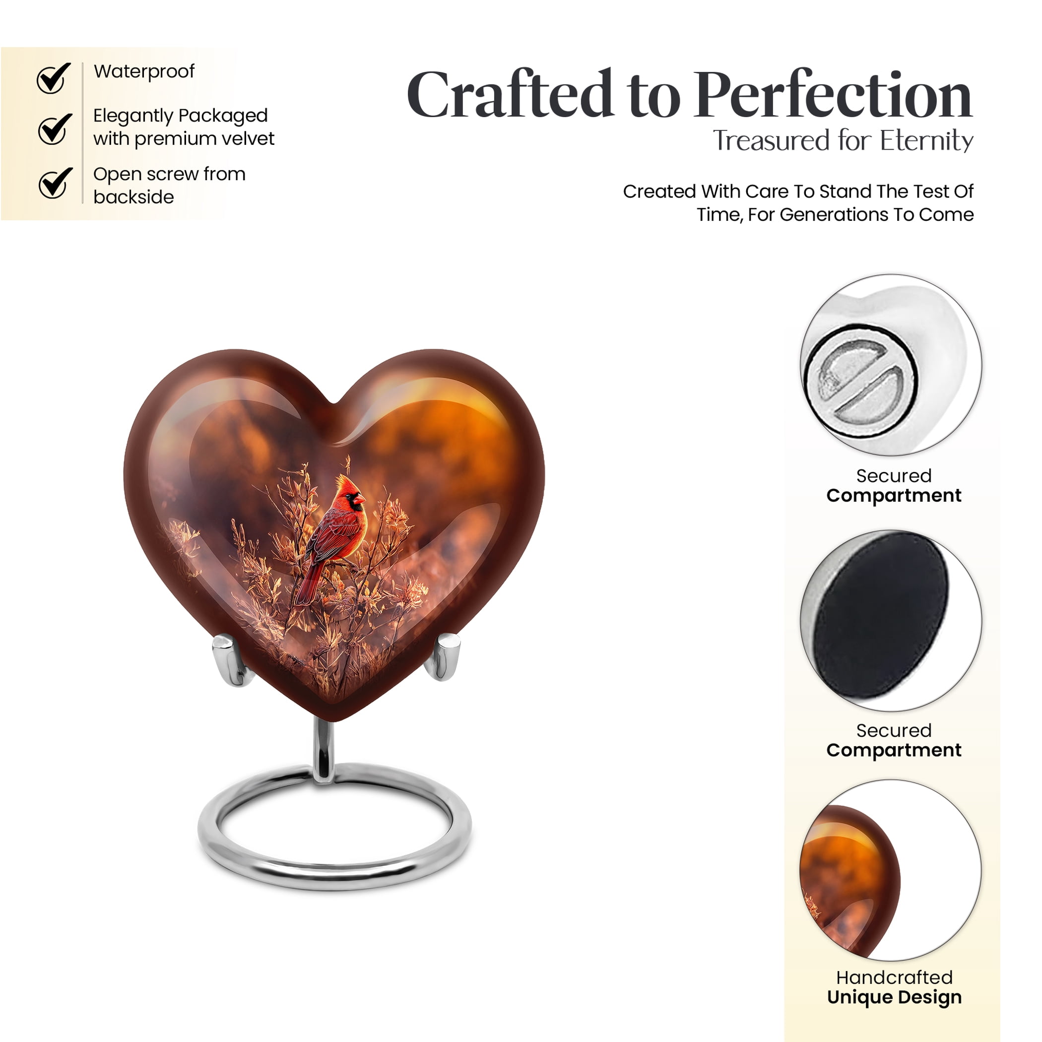 MUKTIVE Cardinal Bird Urns for Human Ashes Adult for Burial - Keepsake Heart Cremation Urn for Funeral, Memorial - Brown Adult Urns for Human Ashes - Bird 3 Inch Cremains for Women & Men