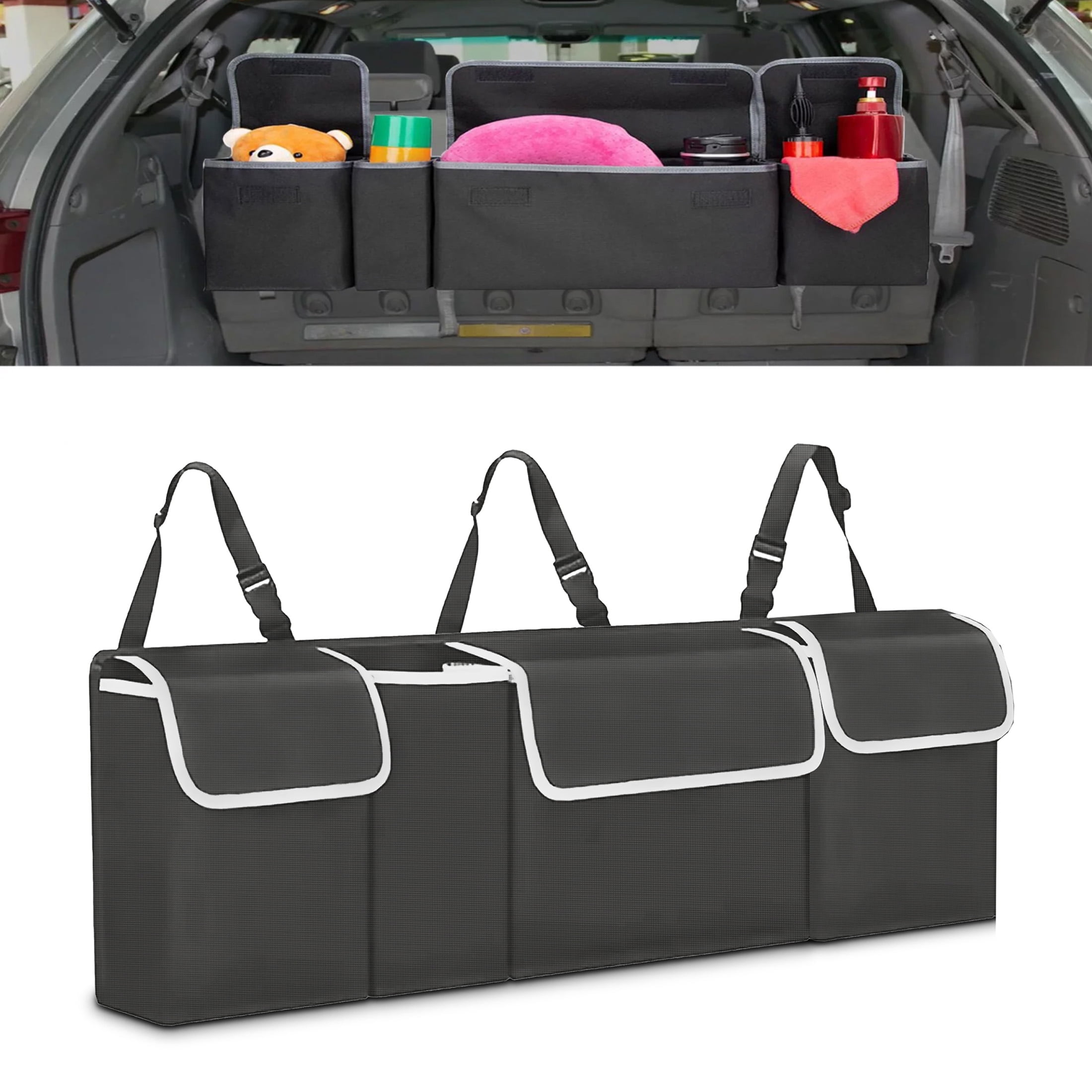 Snuopfy Car Trunk Organizer - Black, Extended Length With 8 Storage Pockets, Hanging For SUV/Truck/Van