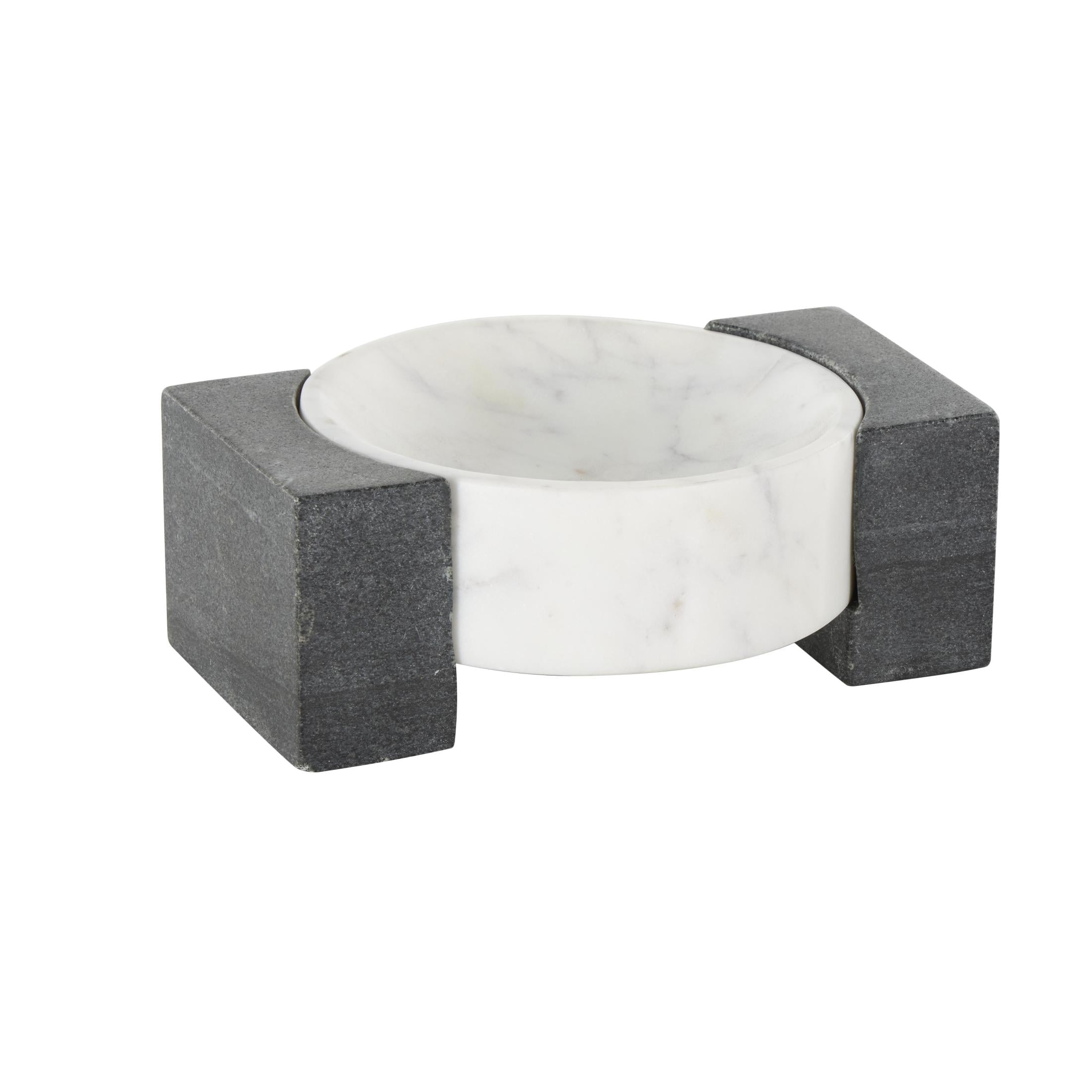 DecMode 8" x 6" White Marble Round Geometric Tray with Black Rectangular Blocks, 1-Piece