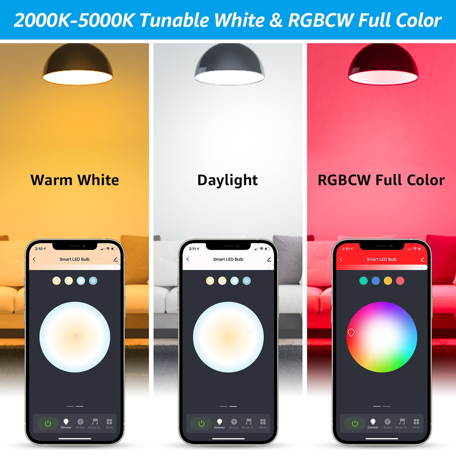 TORCHSTAR 6 Pack A21 Smart LED Light Bulbs, WiFi & Bluetooth, 75W Equiv, E26 Base, Works with Alexa Echo Google Home Assistant Siri for Indoors, 2000K-5000K RGBCW Full Color Changing Smart Bulb