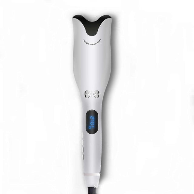 Rizador de pelo automático giratorio de cerámica blanca con infrarrojos, pantalla LCD y diseño anti-quemaduras.