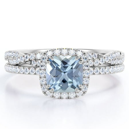JeenMata Halo Prong Set - 1.5 Carat Cushion Cut Seafoam Created Aquamarine and Moissanite - Pave Twisted Infinity Wedding Ring Set - 18K White Gold Plating over Silver