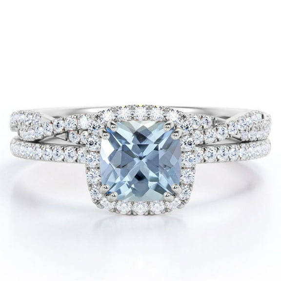 JeenMata Halo Prong Set - 1.5 Carat Cushion Cut Seafoam Created Aquamarine and Moissanite - Pave Twisted Infinity Wedding Ring Set - 18K White Gold Plating over Silver