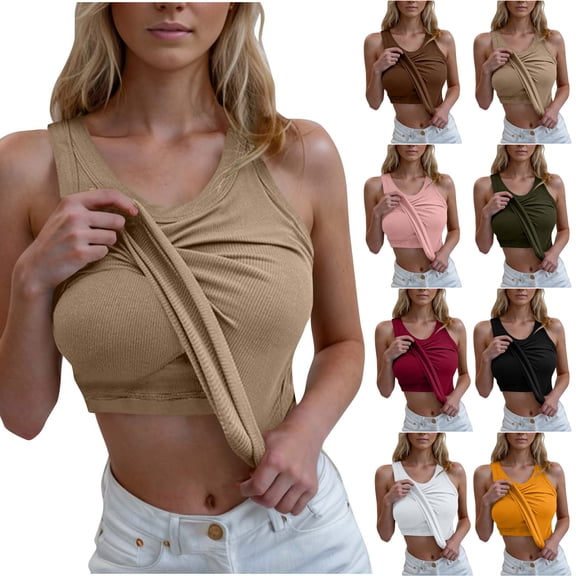 Aboser Women's Ribbed Tank Tops with Built in Shelf Bras Basic Sleeveless Layer Shirts Comfy Daily Wear Summer Casual Scoop Neck T Shirt Solid Color Padded Undershirts