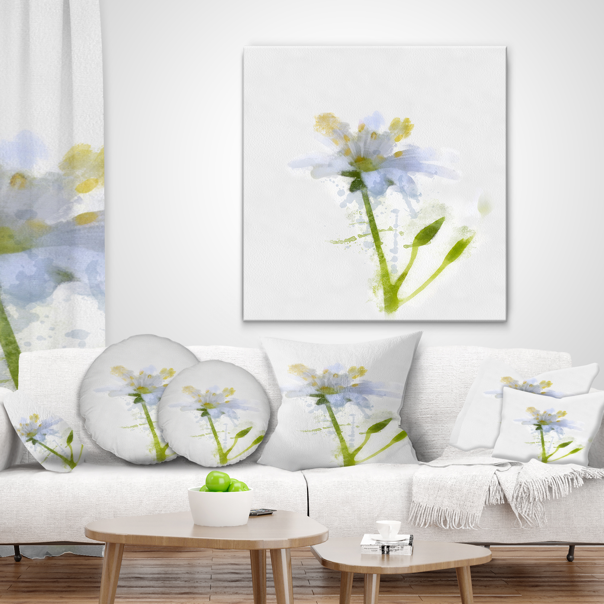 Designart White Green Watercolor Flower Sketch - Floral Throw Pillow - 12x20
