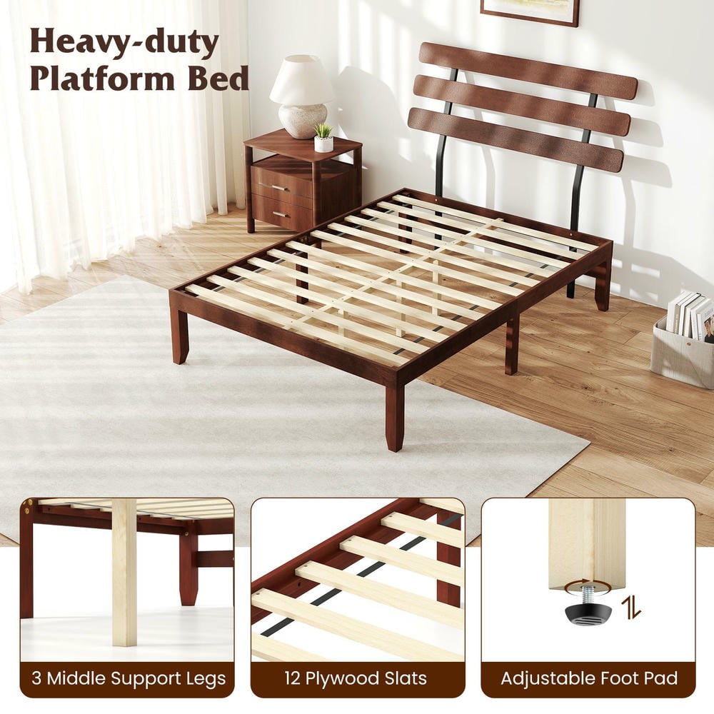 Barara King Full Size Bedroom Bed Frame with Retro Headboard, 15.5 Inch Solid Wood Bed Platform Frame for Apartment, Bedroom, Brown