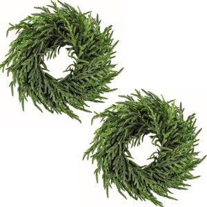 24-inch Norfolk Pine Door Wreath Realistic-Feel Norfolk Pine Wreath Artificial Green Holiday Decorative Wreath Suitable for Home Decor (2-Piece Set)