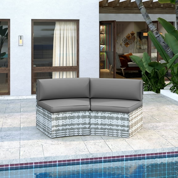 Patio Sectional Furniture Outdoor Grey Rattan Curved Sofa Set with Storage Table,Pillows,Fit for Pool Backyard Balcony Porch Lawn