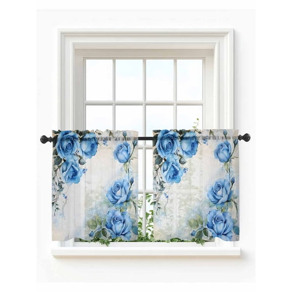 Blue Flower Spring Tier Curtains 24 Inch Length,Sheer Curtains for Bedroom Living Room Window Rose Leaves Garden Pastoral Retro Rod Pocket Drapes Kitchen Curtains Small Half Window 27.5"x24" 2 Panels
