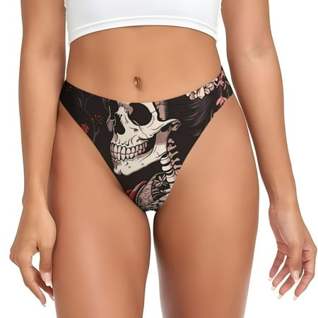 Adobk Geisha Skeleton With Flowers Print Seamless Women Underwear Thongs No Show Ladies Thong No Line Breathable Comfortable Panties Undies for Women-Large