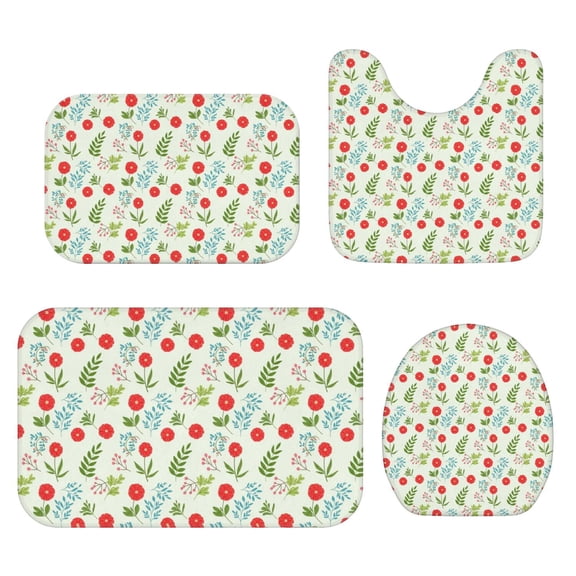 Pioneer Flower Floral Print Pattern Bathroom Rug Set 4 Piece,Includes Contour,Lid Cover,Bath Mat,Non-Slip Extra Soft Absorbent Washable