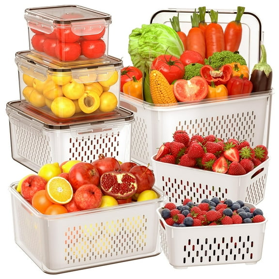 AMAZTEK  Large Fruit Containers for Fridge, 5 PCS Leakproof Food Storage Containers with Removable Colander,  Airtight Storage Container to Keep Berry Fruit Fresh, Dishwasher & microwave safe