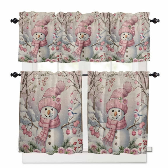 Pink Snowman Christmas Kitchen Curtains and Valances Set, Xmas Floral Tree Snowflake Rustic Rod Pocket Window Valance Window Curtain Panels for Living Room Bedroom Laundry, 27.5x36in, 3 Pieces