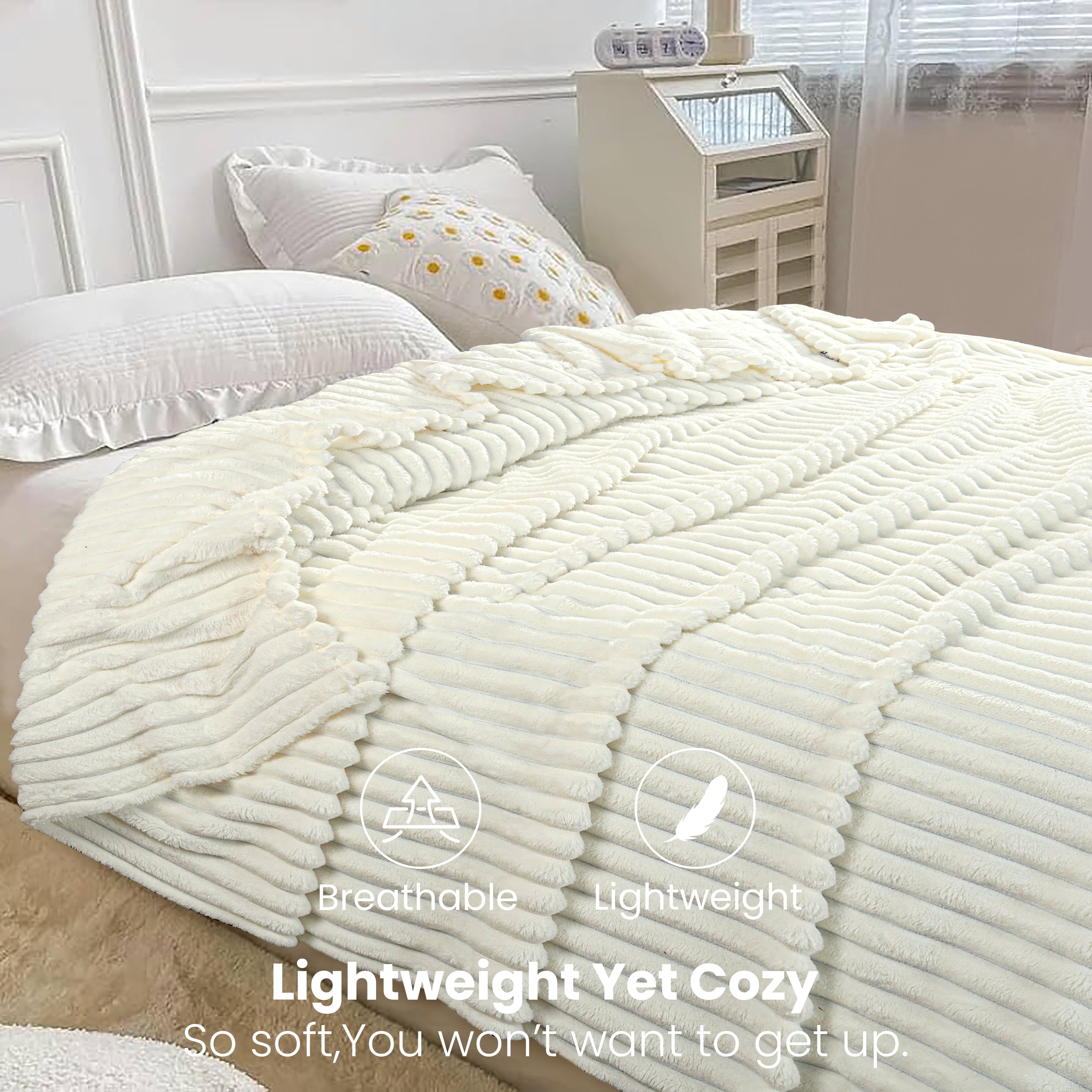 Oversized Queen Blanket for Bed (90”x100”), 400GSM Super Soft & Warm Fleece Throw Blankets for Bed, Couch, Sofa - 3D Ribbed Fluffy Lightweight Blanket All Season&nbsp;Use