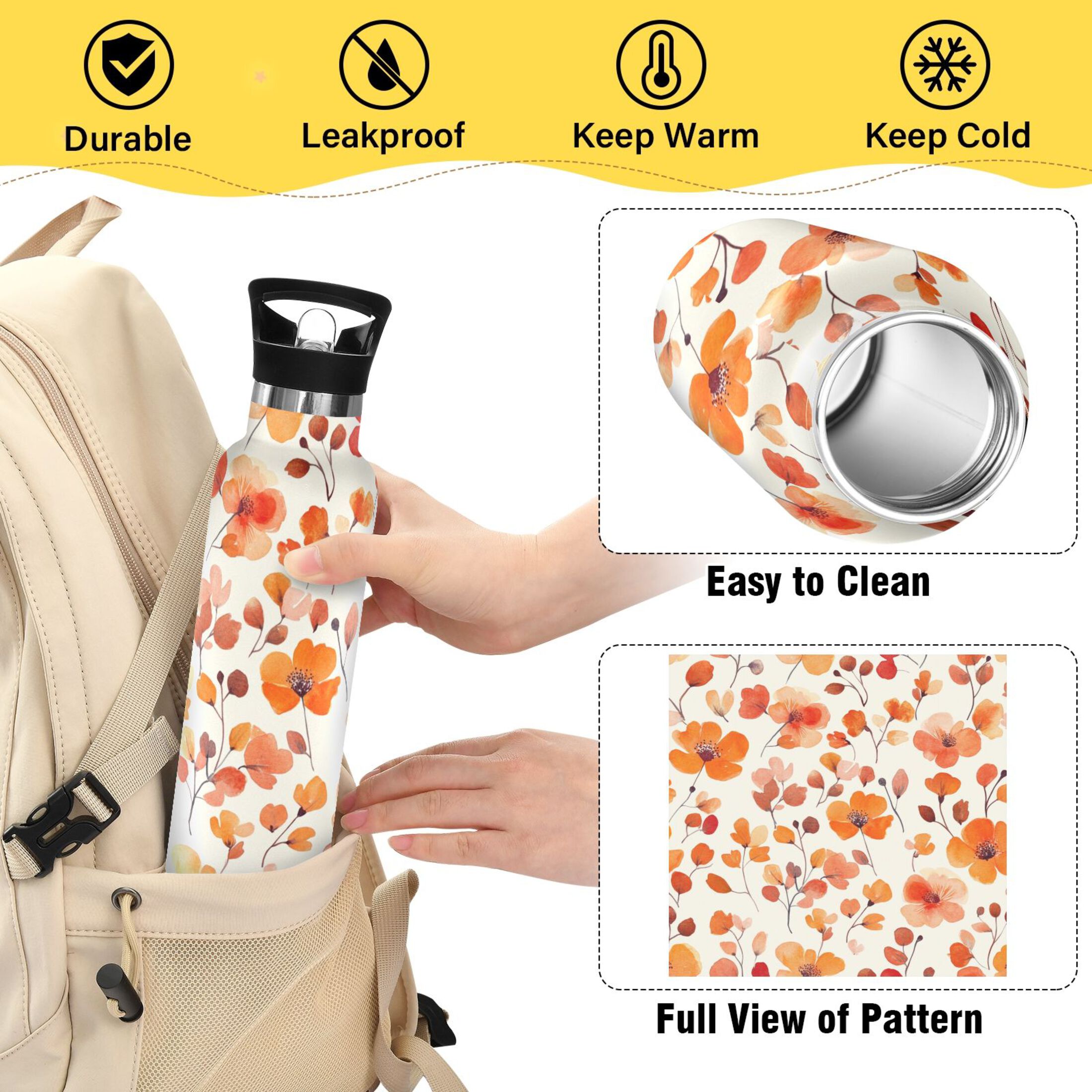 600ML Stainless Steel Insulated Cup Sports Water Bottle Portable Thermos Cup Water Glasses Insulated Tumblers Convenient and Durable Cartoon Orange Flowers