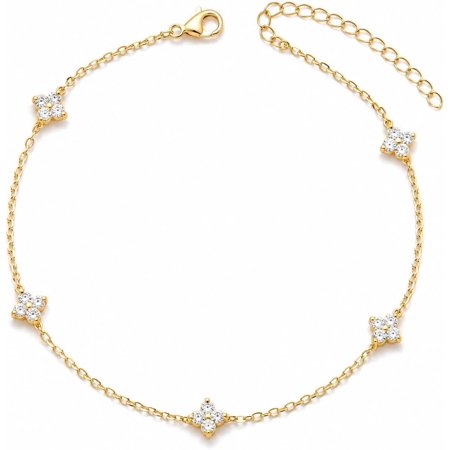 14K Gold Plated Clover Anklets for Women, Dainty CZ Floral Layered Ankle Bracelets, Waterproof Summer Beach Foot Jewelry Gifts for Women