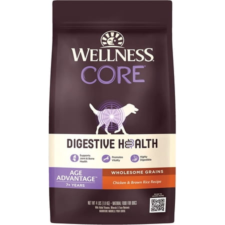 Wellness CORE Digestive Health Dry Senior Food with Wholesome Grains, Advanced Age for Dogs Over 7-Years Old, for Dogs with Sensitive Stomachs, Made in USA with Real Chicken (Senior, 4 Pound Bag)