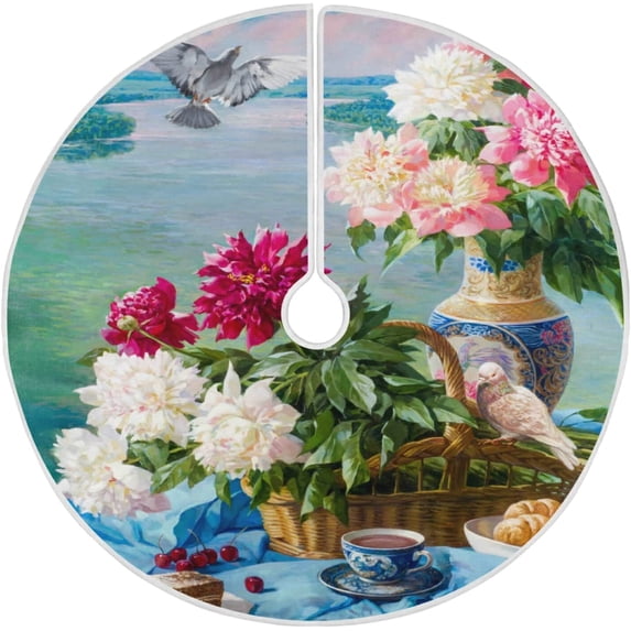 FMSHPON Flowers Birds Xmas Christmas Tree Skirt Stand Mat for Holiday Party Decoration Indoor Outdoor 36 inches